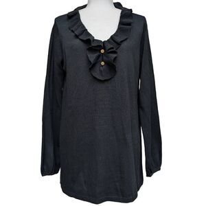 Mud Pie Laura Black Ruffle V Neck Sweater Pullover Relaxed Fit Tunic Size L Cozy